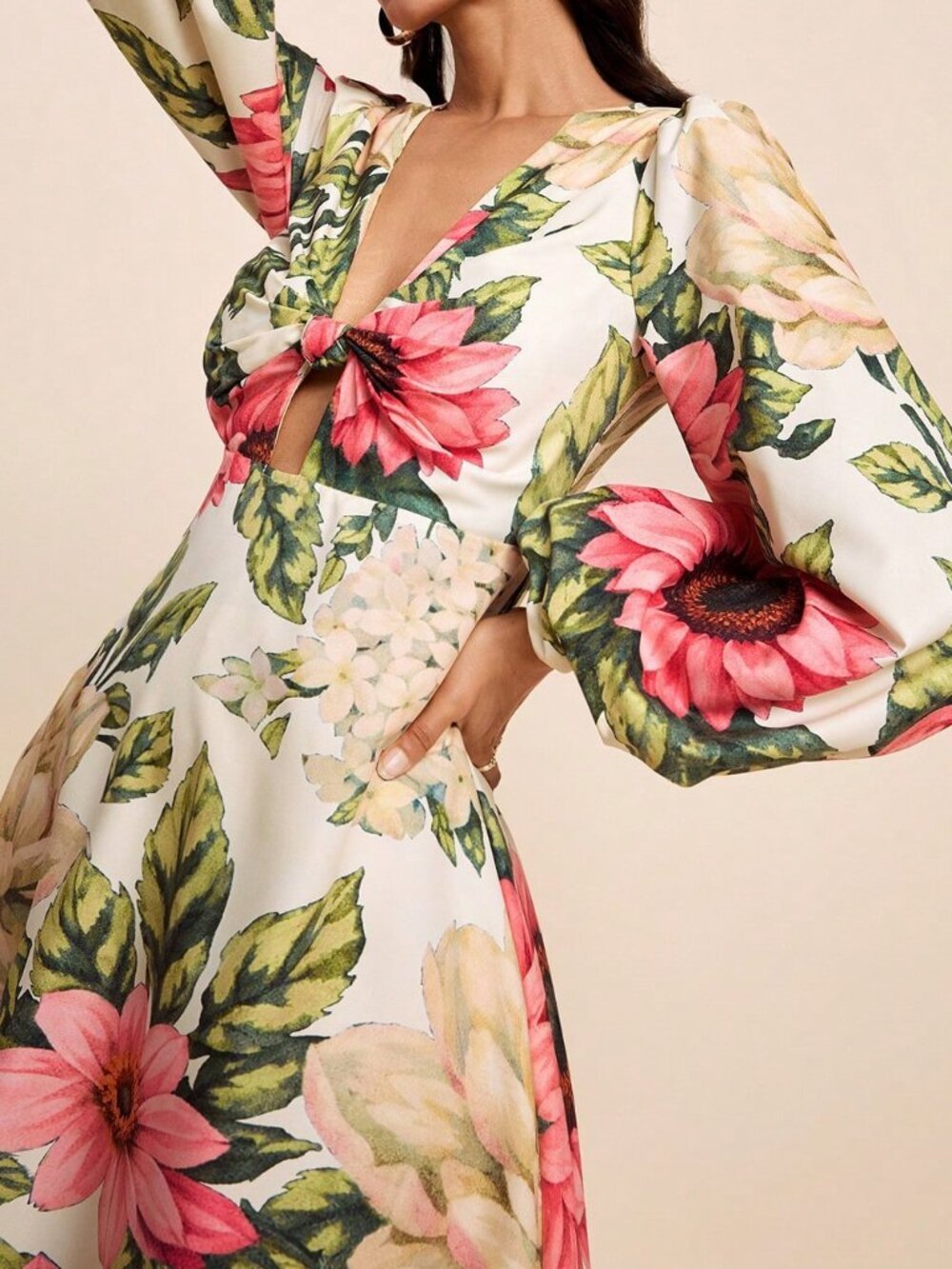 Multicolor Boho Women's V-Neck Long Sleeve Twist Knot Dress with Tropical Print - Picture 5 of 9